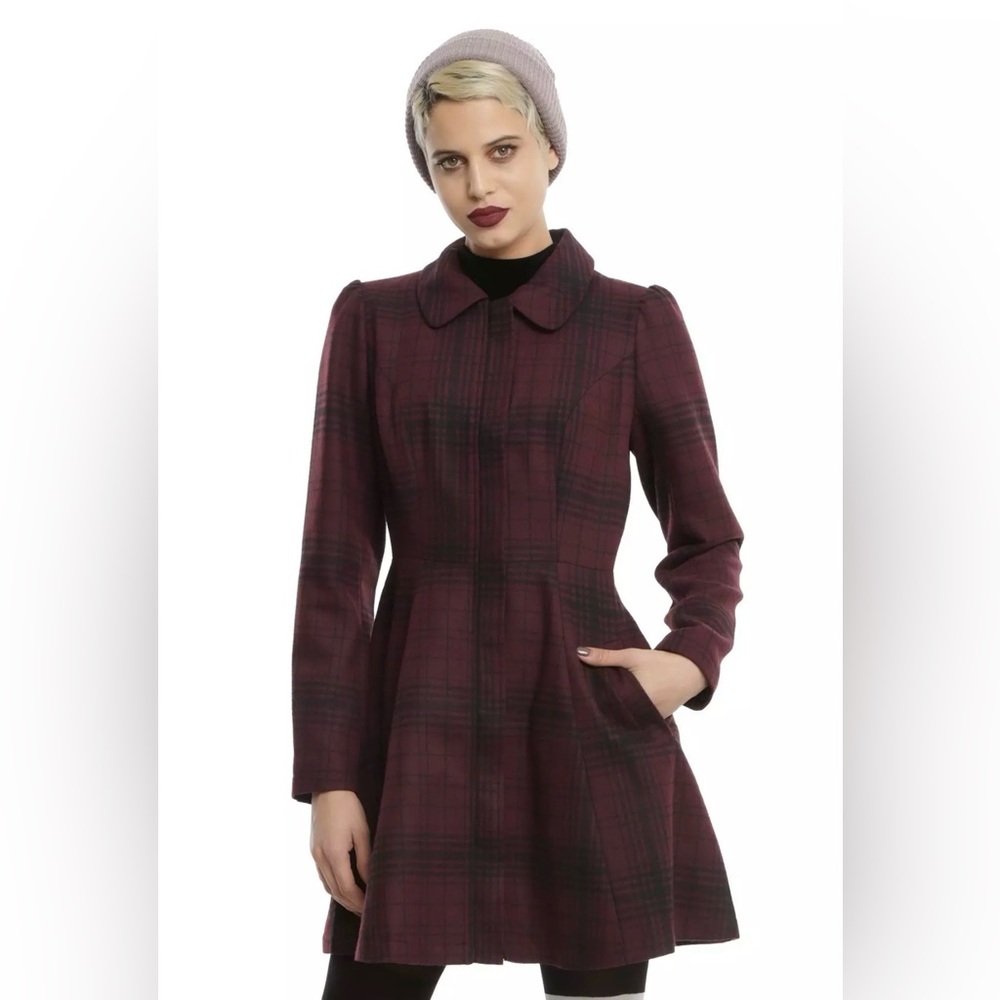Hot Topic Burgundy & Plaid Collared Zipper Jacket Pea Coat Wool Blend XS